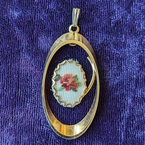 Vintage Gold Plated Large Open Pendant With Handmade Needlework Rose Flower